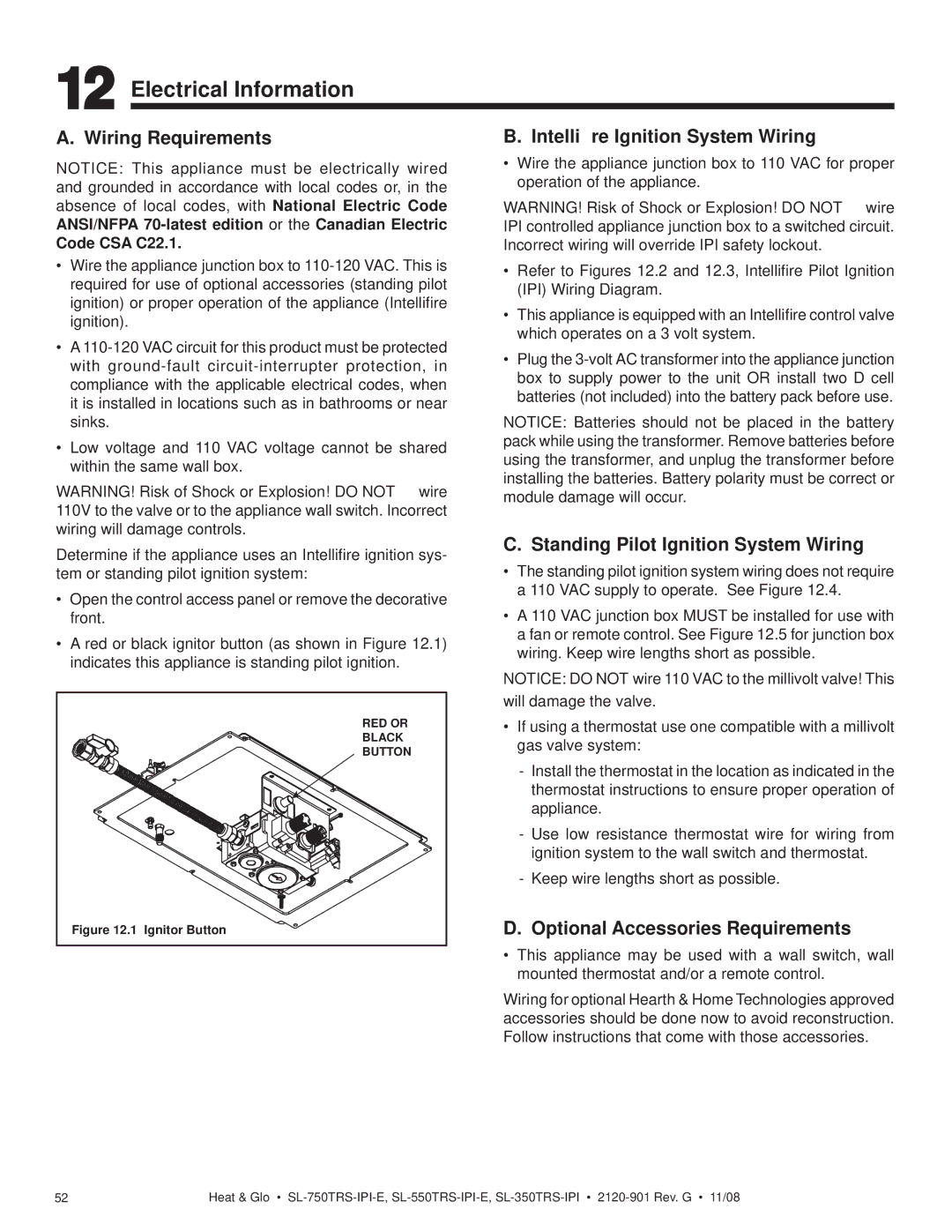 Hearth and Home Technologies SL-750TRS-E Electrical Information, Wiring Requirements, Intelliﬁre Ignition System Wiring 