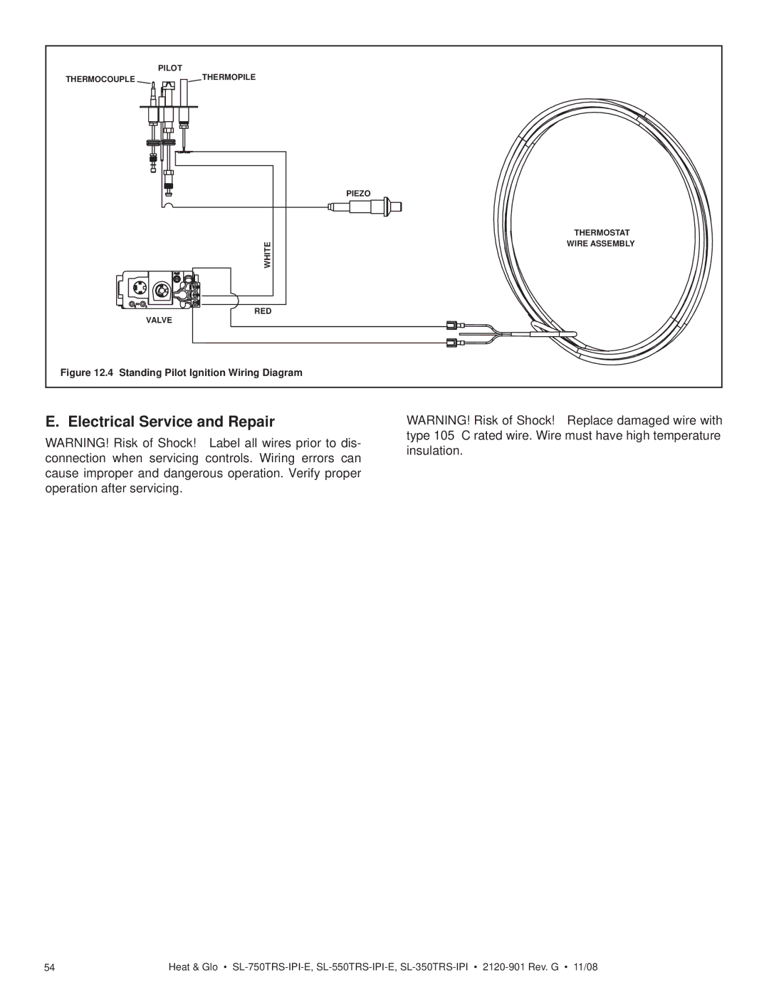 Hearth and Home Technologies SL-750TRS-E owner manual Electrical Service and Repair, Standing Pilot Ignition Wiring Diagram 