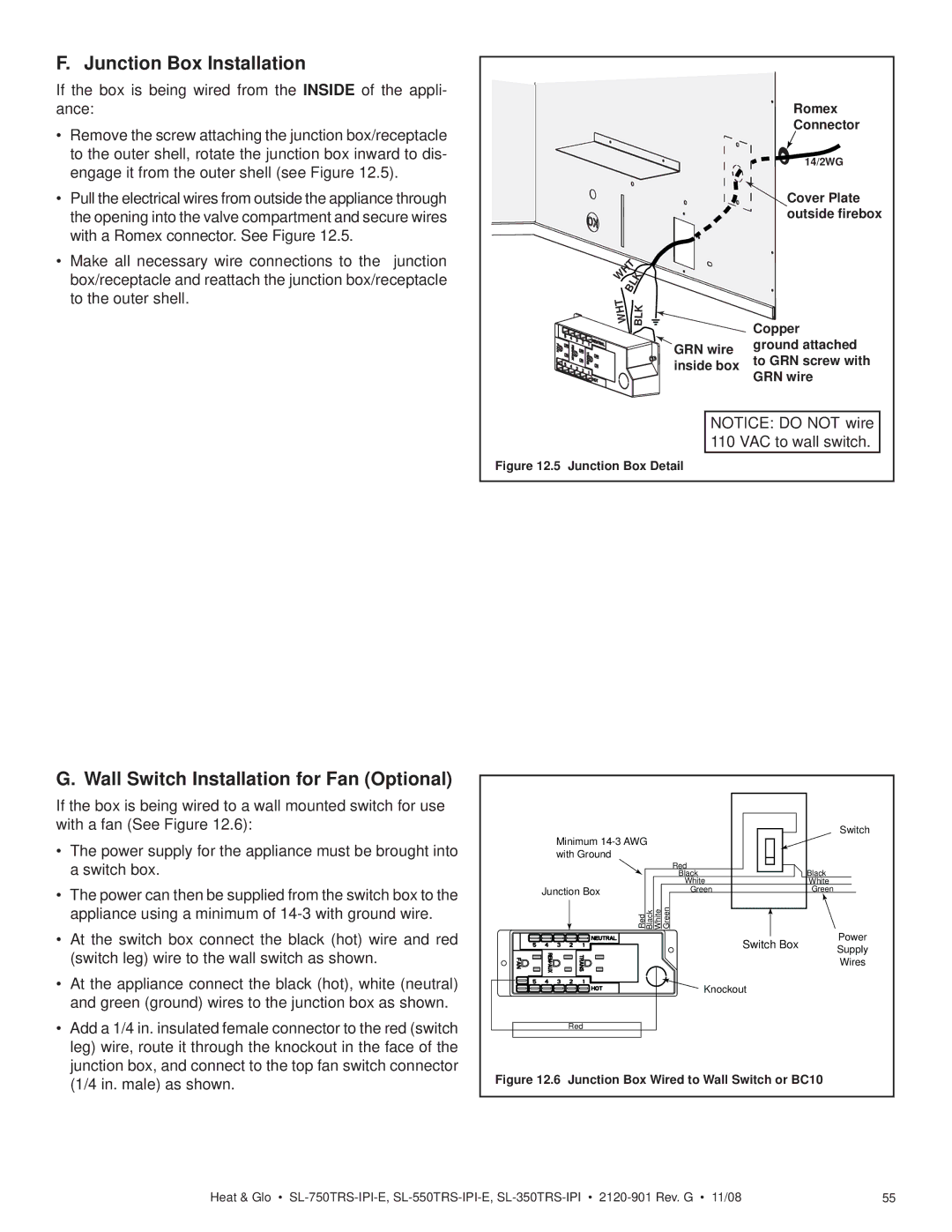 Hearth and Home Technologies SL-550TRS-E, SL-750TRS-E Junction Box Installation, Wall Switch Installation for Fan Optional 