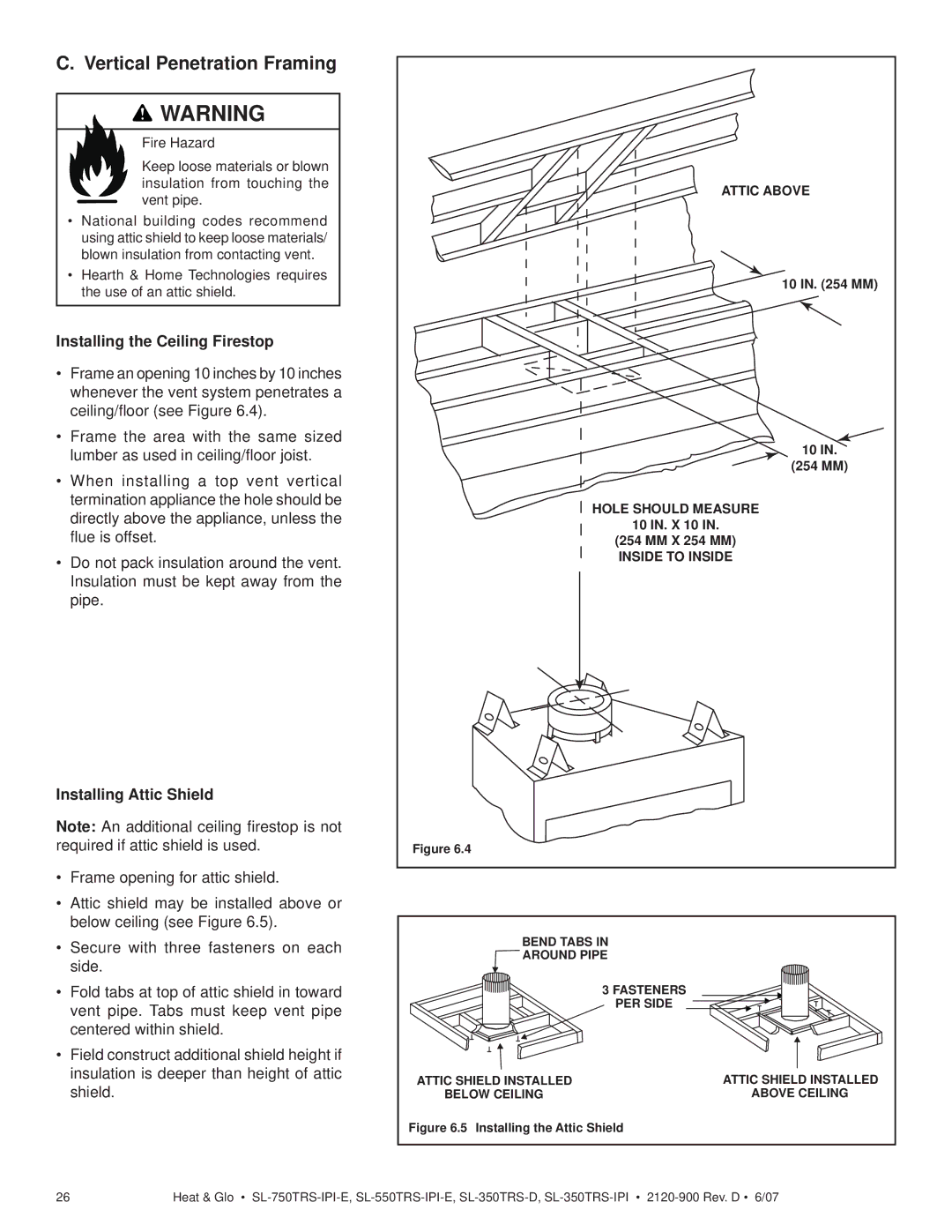 Hearth and Home Technologies SL-550TRS-IPI-E, SL-350TRS-D Vertical Penetration Framing, Installing the Ceiling Firestop 