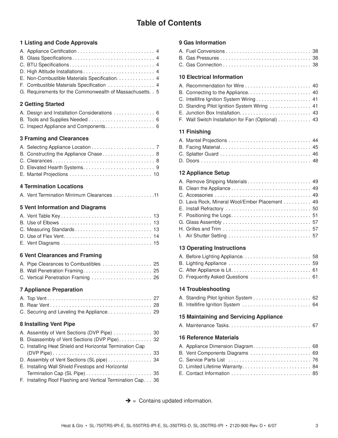 Hearth and Home Technologies SL-350TRS-IPI, SL-750TRS-IPI-E, SL-350TRS-D, SL-550TRS-IPI-E owner manual Table of Contents 