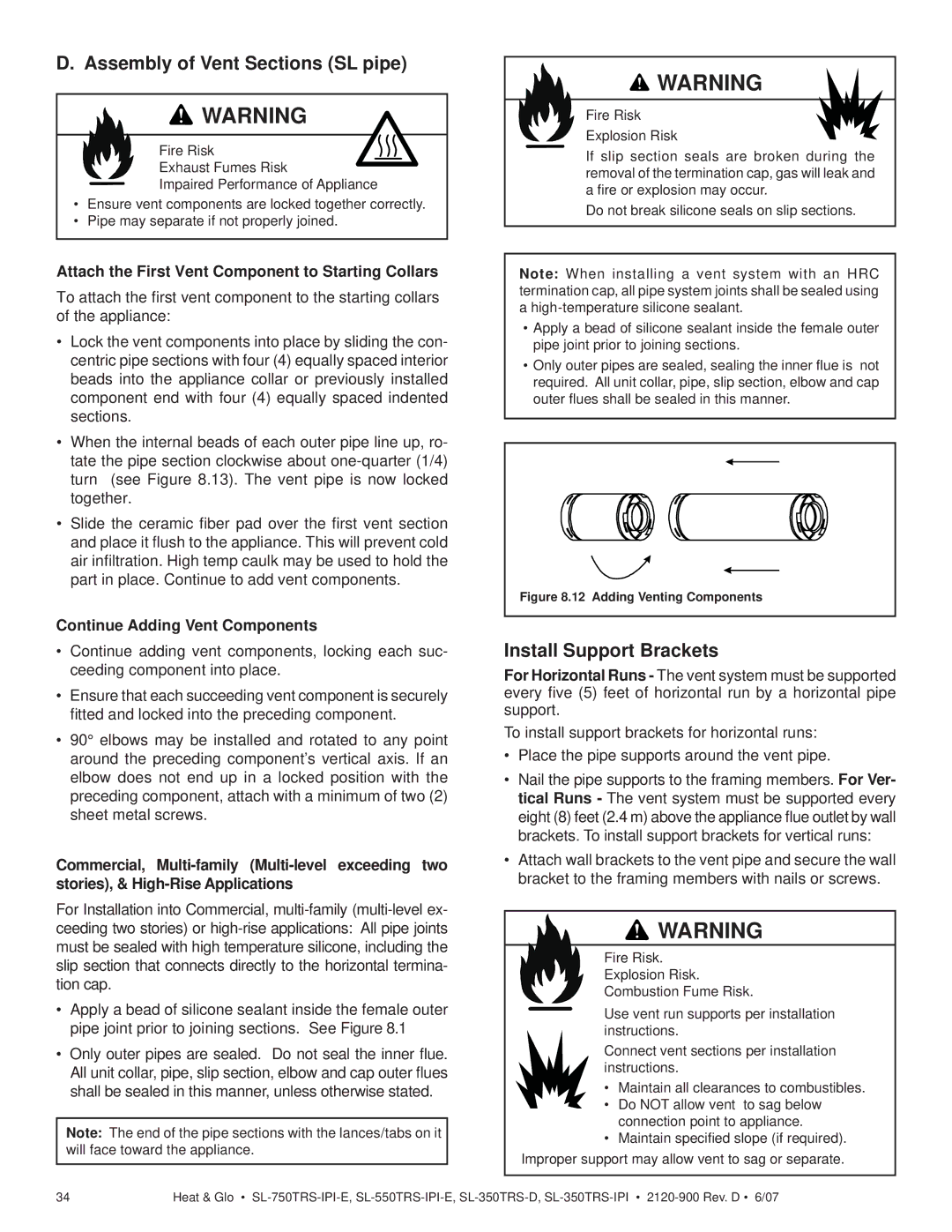 Hearth and Home Technologies SL-550TRS-IPI-E, SL-750TRS-IPI-E Assembly of Vent Sections SL pipe, Install Support Brackets 