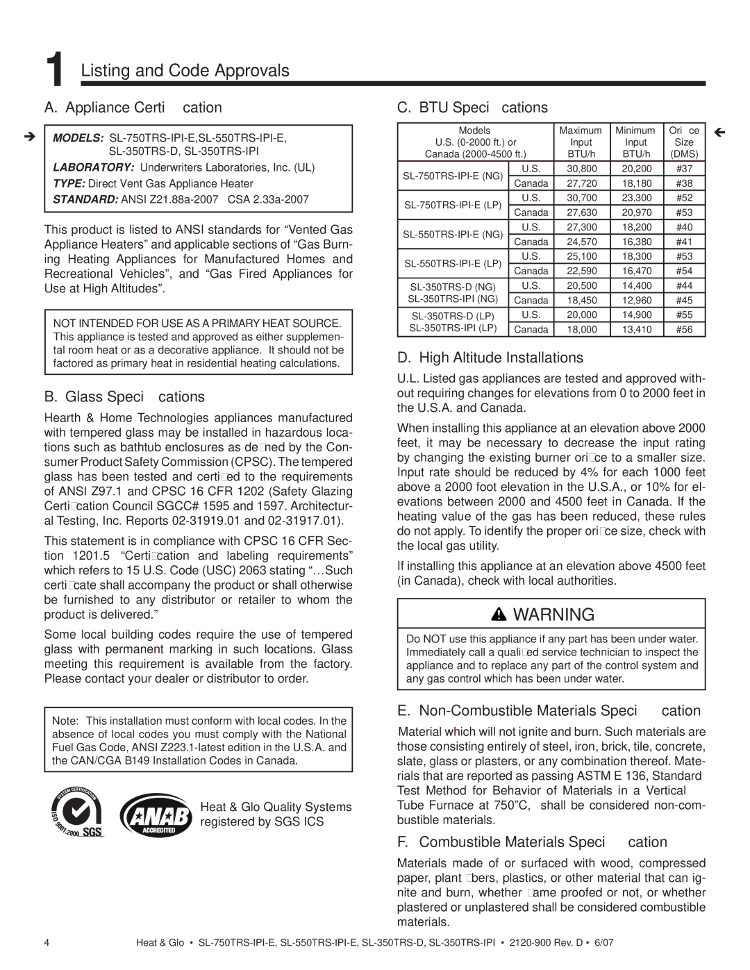 Hearth and Home Technologies SL-750TRS-IPI-E, SL-350TRS-D, SL-550TRS-IPI-E, SL-350TRS-IPI Listing and Code Approvals 