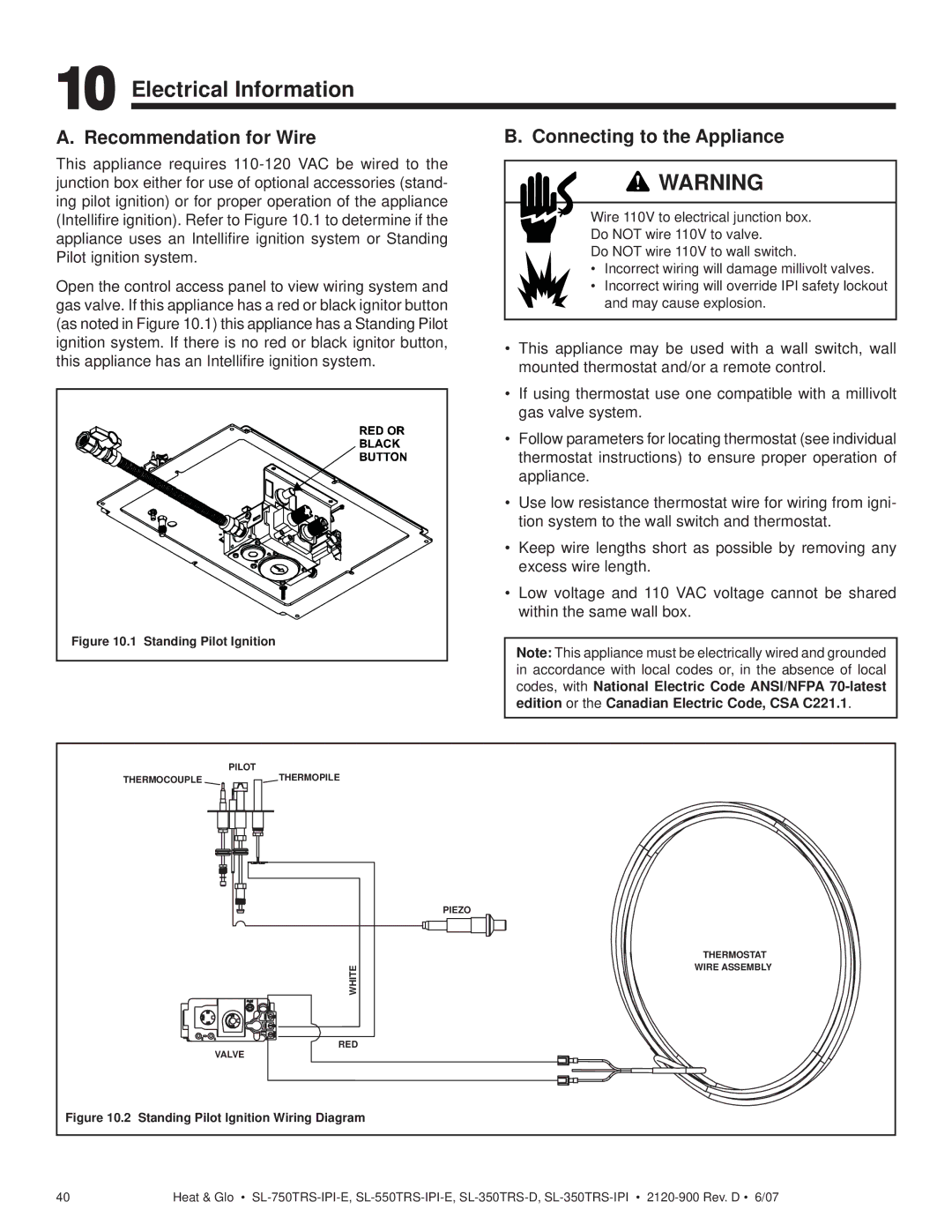 Hearth and Home Technologies SL-750TRS-IPI-E Electrical Information, Recommendation for Wire, Connecting to the Appliance 