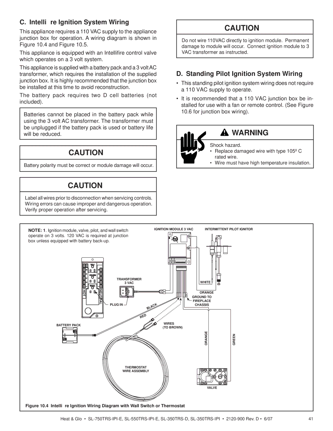 Hearth and Home Technologies SL-350TRS-D Intelliﬁre Ignition System Wiring, Standing Pilot Ignition System Wiring 