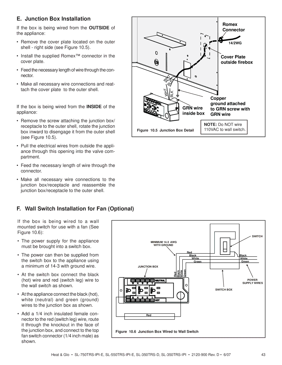 Hearth and Home Technologies SL-350TRS-IPI Junction Box Installation, Wall Switch Installation for Fan Optional 