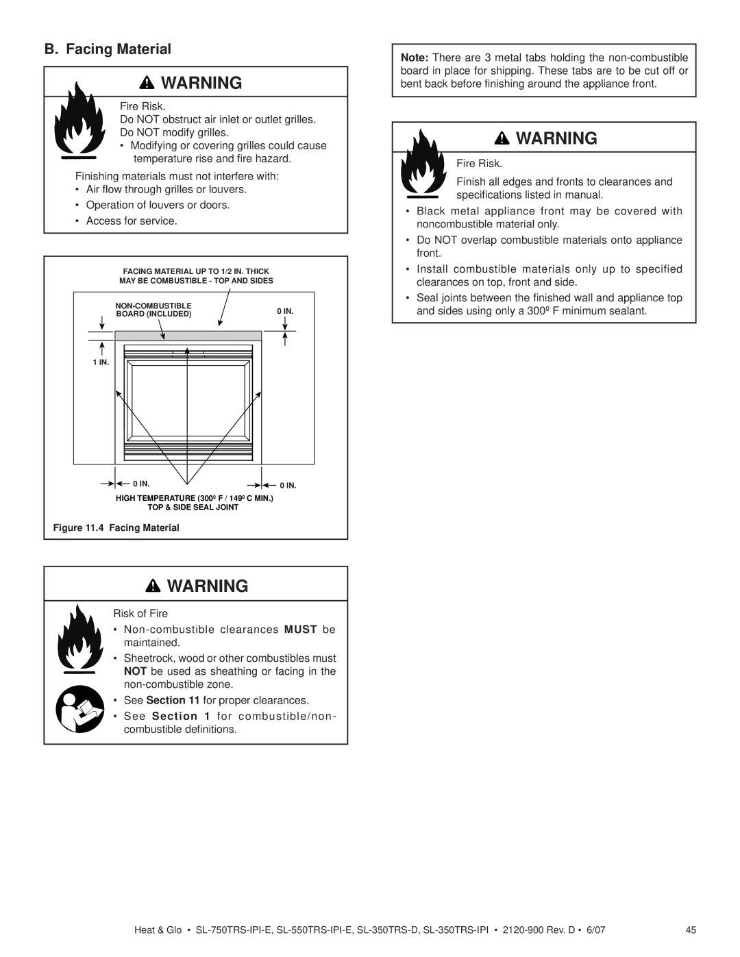 Hearth and Home Technologies SL-350TRS-D, SL-750TRS-IPI-E, SL-550TRS-IPI-E, SL-350TRS-IPI owner manual Facing Material 