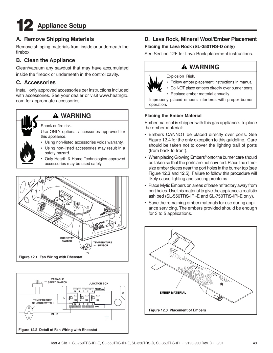 Hearth and Home Technologies SL-350TRS-D Appliance Setup, Remove Shipping Materials, Clean the Appliance, Accessories 