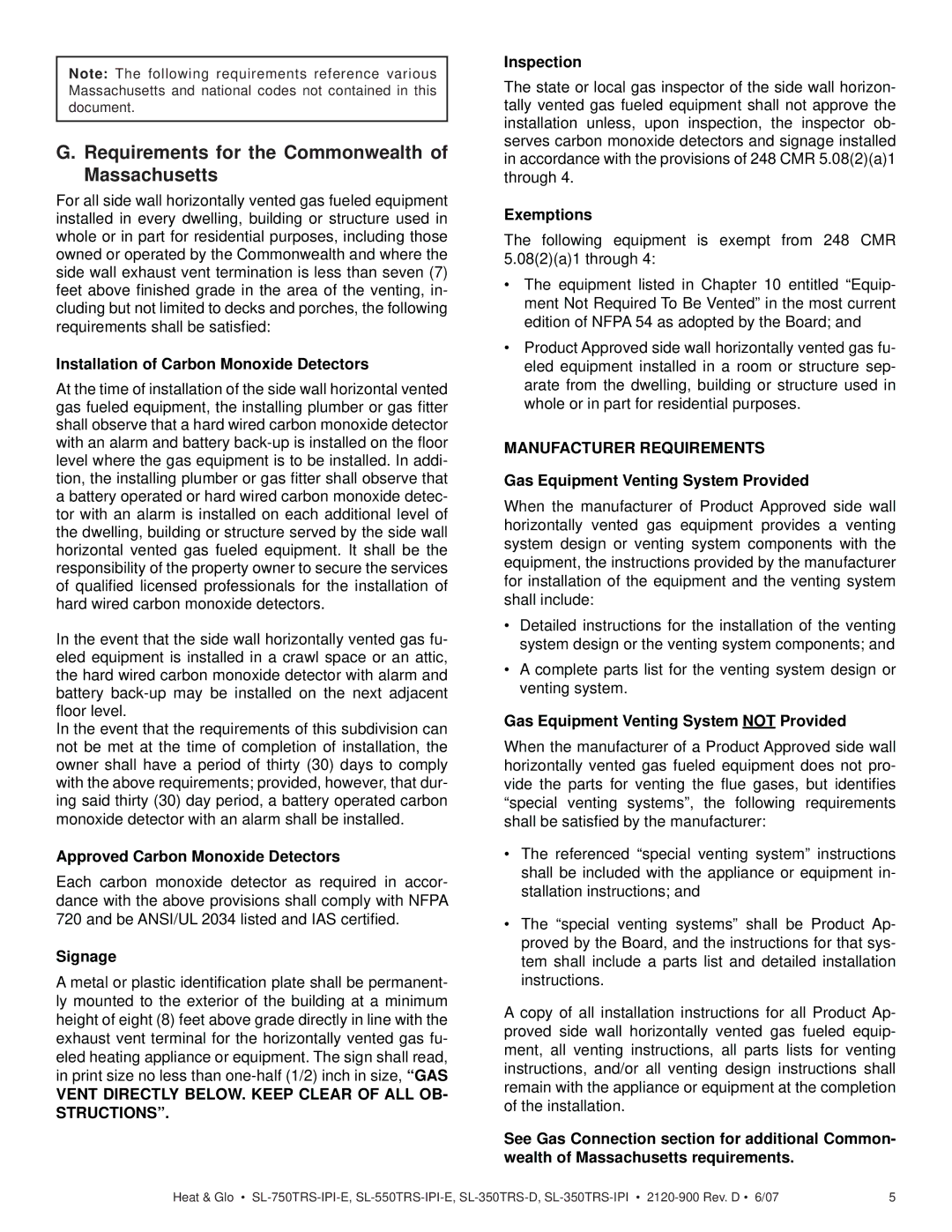 Hearth and Home Technologies SL-350TRS-D, SL-750TRS-IPI-E, SL-350TRS-IPI Requirements for the Commonwealth of Massachusetts 