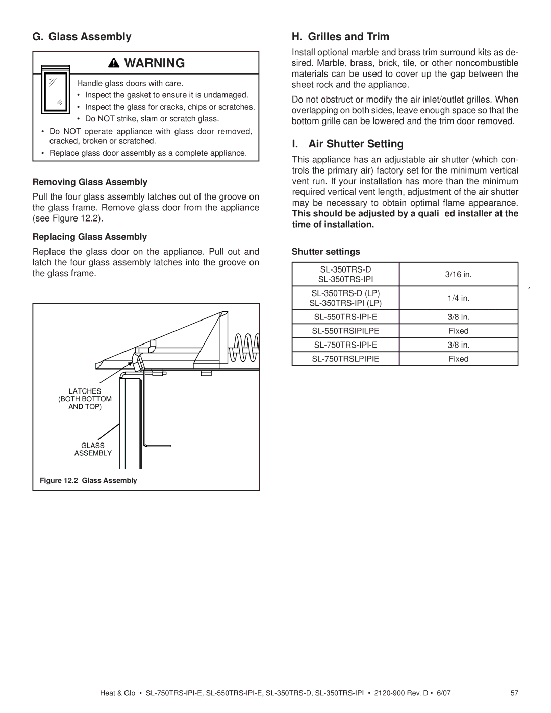 Hearth and Home Technologies SL-350TRS-D, SL-350TRS-IPI Grilles and Trim, Air Shutter Setting, Removing Glass Assembly 