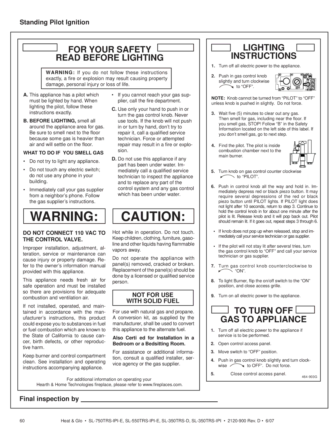 Hearth and Home Technologies SL-750TRS-IPI-E For Your Safety Read Before Lighting Instructions, Standing Pilot Ignition 