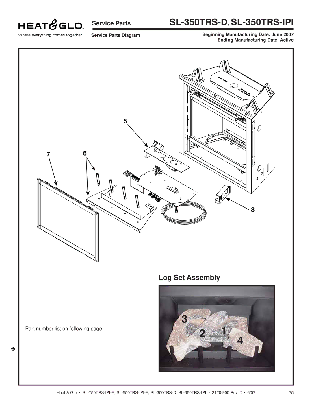 Hearth and Home Technologies SL-350TRS-IPI, SL-750TRS-IPI-E Log Set Assembly, Service Parts, Part number list on following 