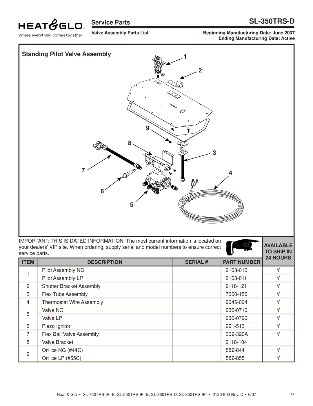 Hearth and Home Technologies SL-350TRS-D, SL-750TRS-IPI-E, SL-550TRS-IPI-E, SL-350TRS-IPI Standing Pilot Valve Assembly 