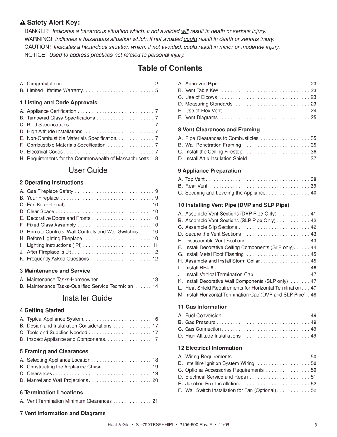 Hearth and Home Technologies SL-750TRSFHHIPI owner manual Table of Contents, User Guide 