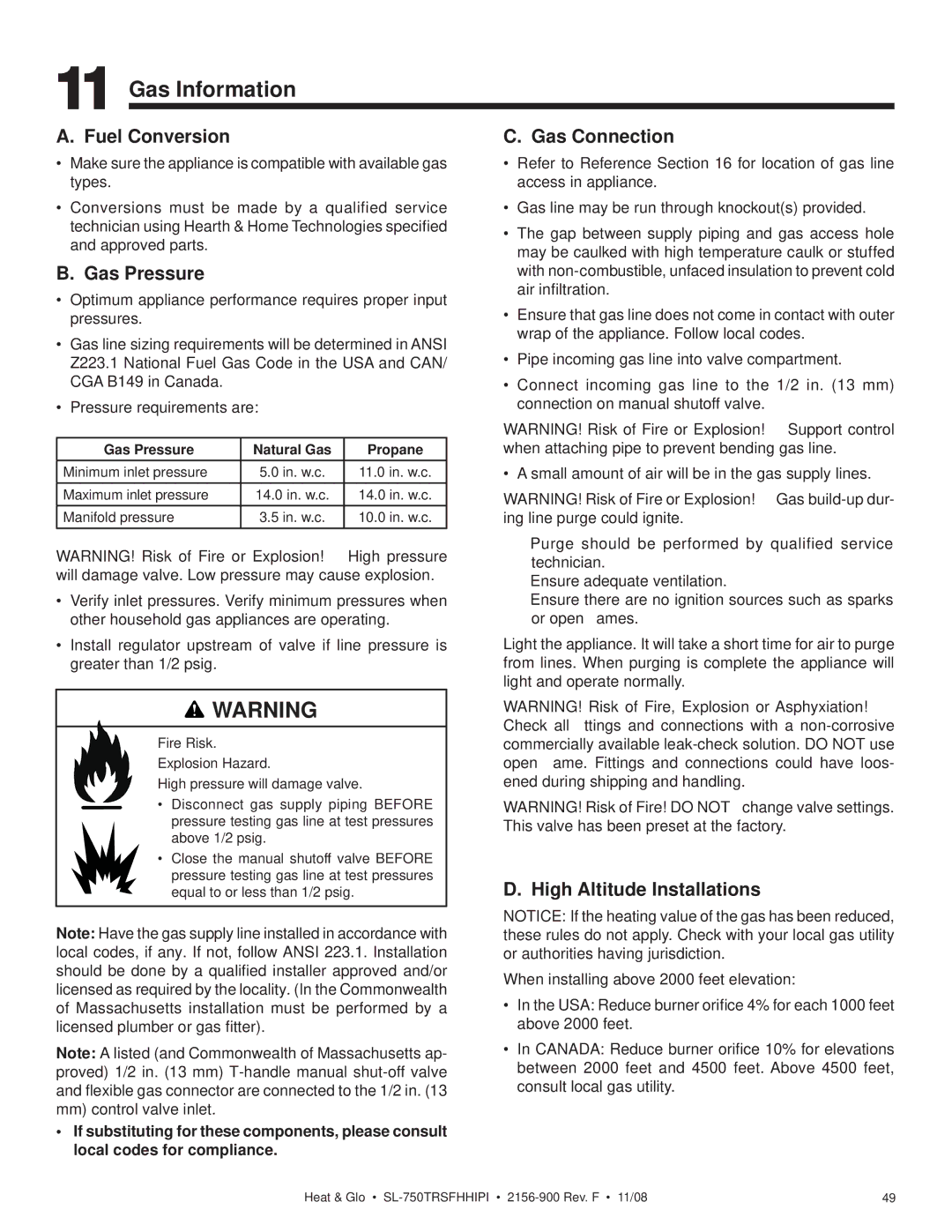 Hearth and Home Technologies SL-750TRSFHHIPI owner manual Gas Information, Fuel Conversion, Gas Pressure, Gas Connection 