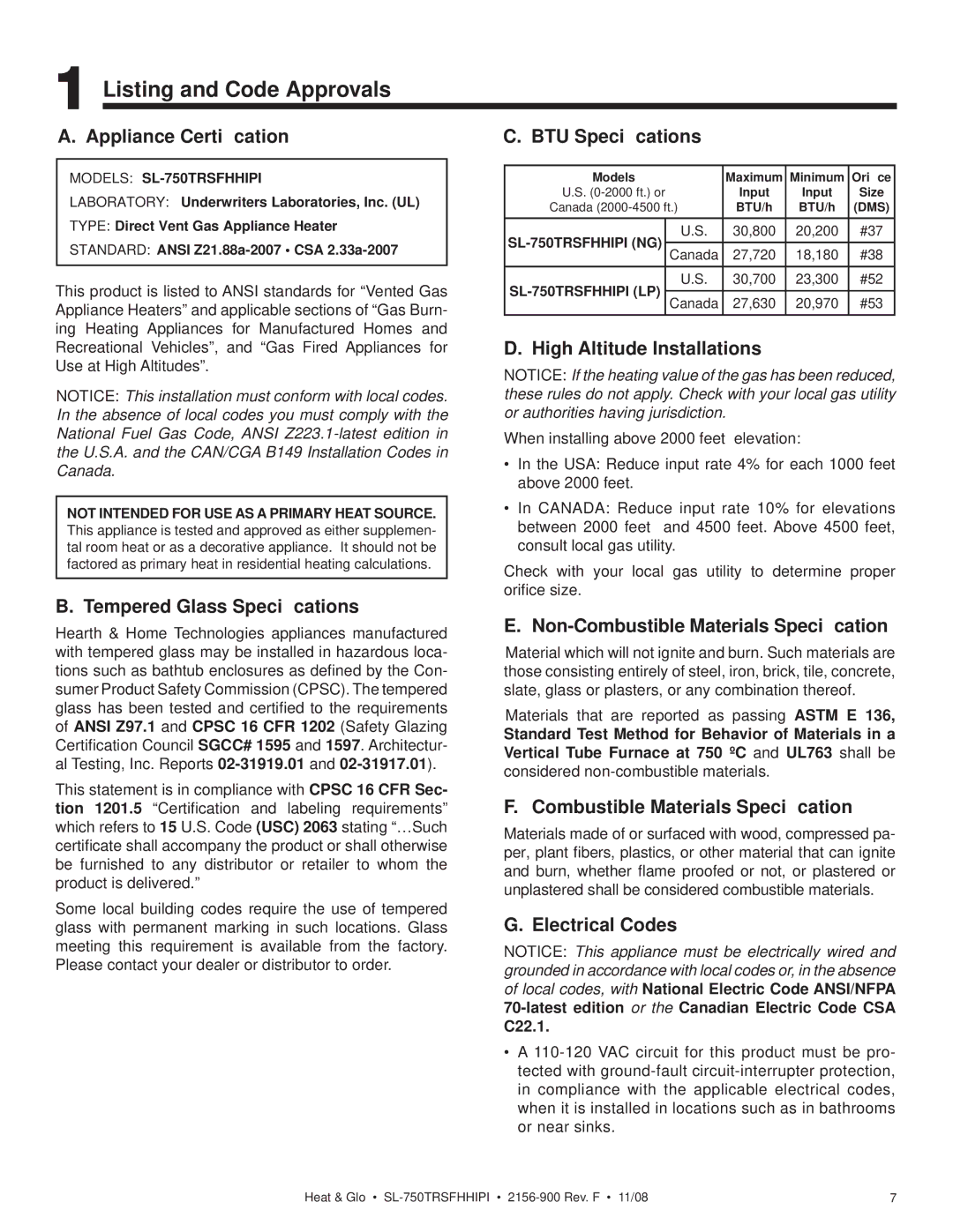 Hearth and Home Technologies SL-750TRSFHHIPI owner manual Listing and Code Approvals 