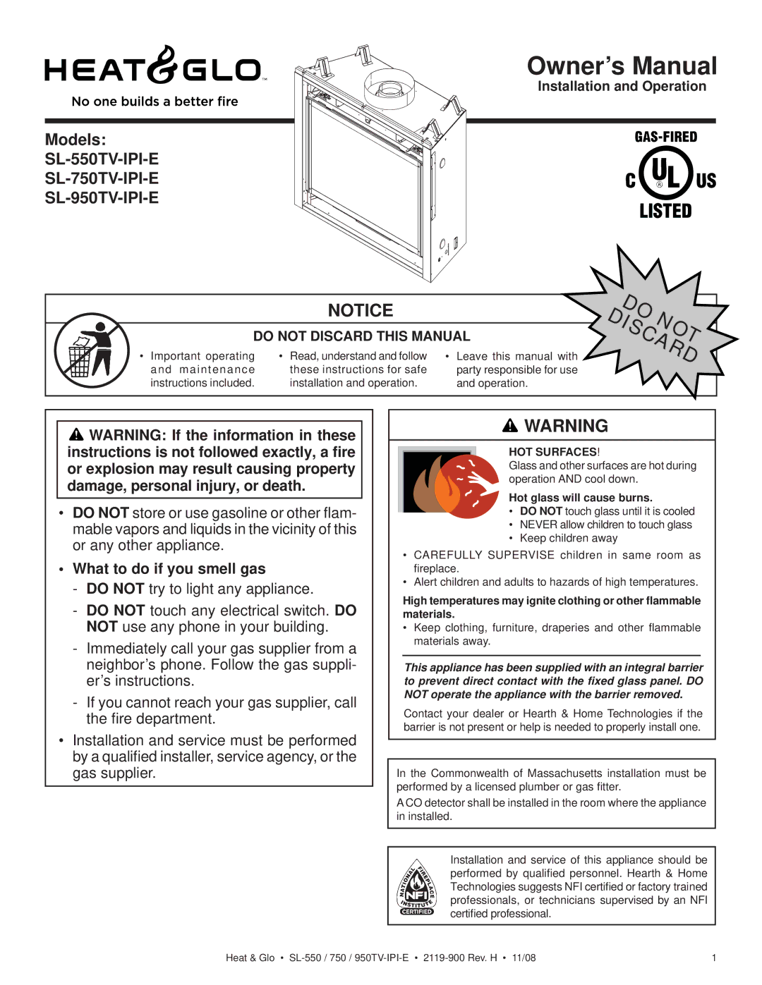 Hearth and Home Technologies SL-550TV-IPI-E owner manual What to do if you smell gas, Hot glass will cause burns 