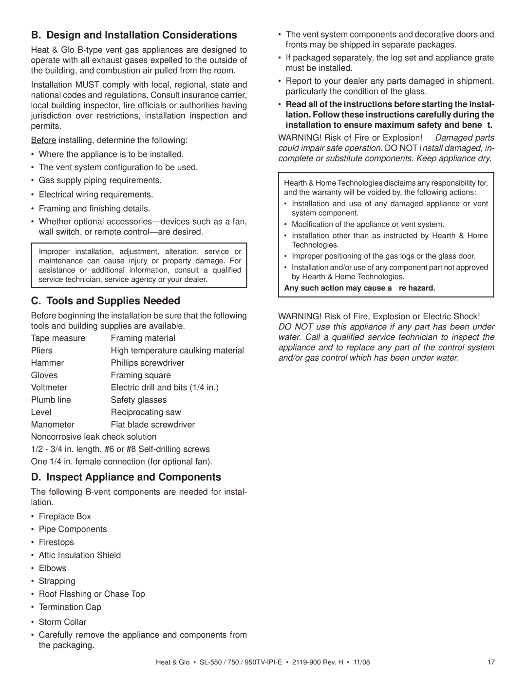 Hearth and Home Technologies SL-950TV-IPI-E owner manual Design and Installation Considerations, Tools and Supplies Needed 