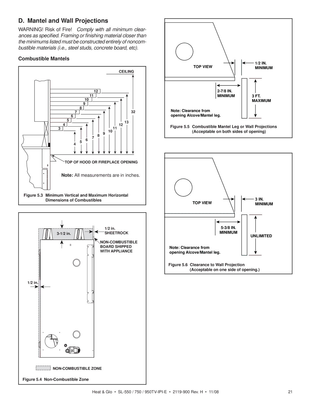 Hearth and Home Technologies SL-750TV-IPI-E, SL-550TV-IPI-E owner manual Mantel and Wall Projections, Combustible Mantels 