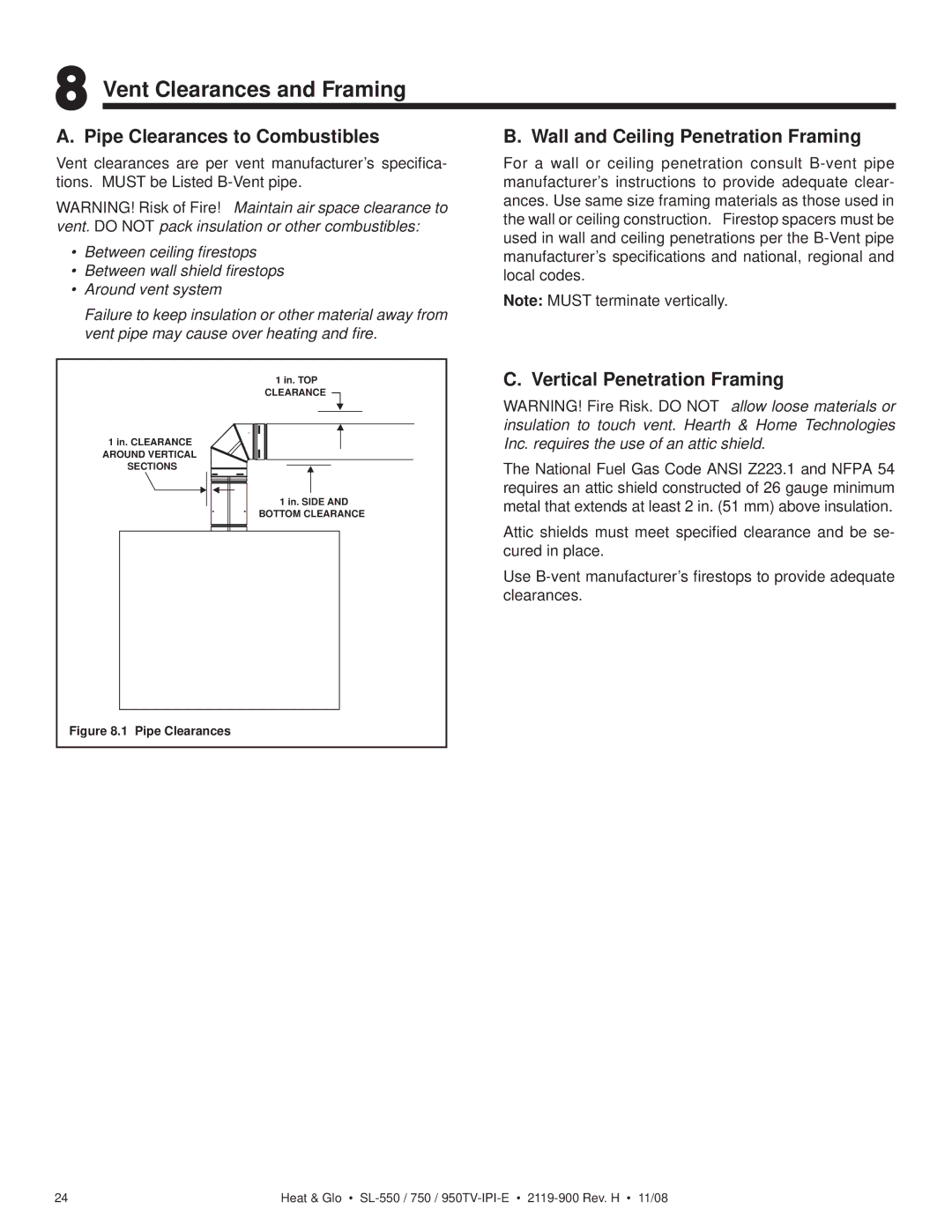 Hearth and Home Technologies SL-750TV-IPI-E, SL-550TV-IPI-E Vent Clearances and Framing, Pipe Clearances to Combustibles 