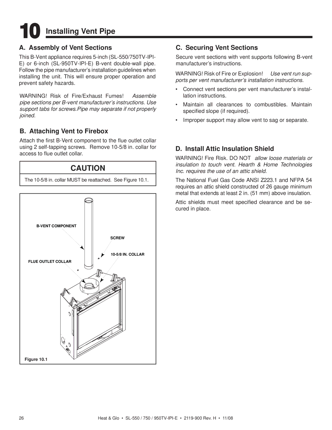 Hearth and Home Technologies SL-950TV-IPI-E Installing Vent Pipe, Assembly of Vent Sections, Securing Vent Sections 