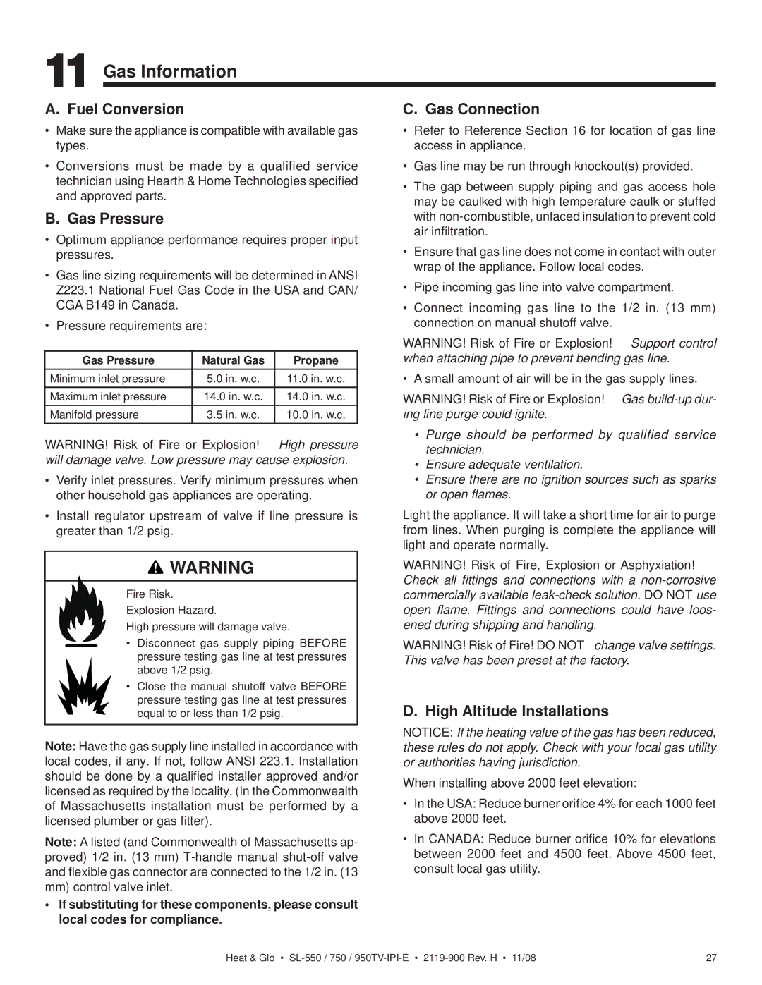 Hearth and Home Technologies SL-750TV-IPI-E, SL-550TV-IPI-E Gas Information, Fuel Conversion, Gas Pressure, Gas Connection 