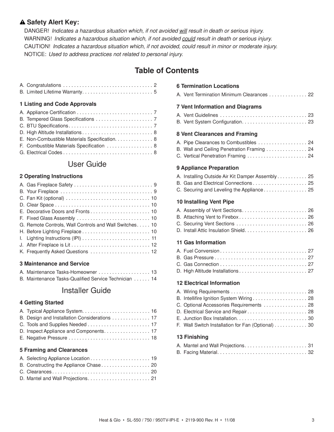 Hearth and Home Technologies SL-750TV-IPI-E, SL-550TV-IPI-E, SL-950TV-IPI-E owner manual Table of Contents, User Guide 