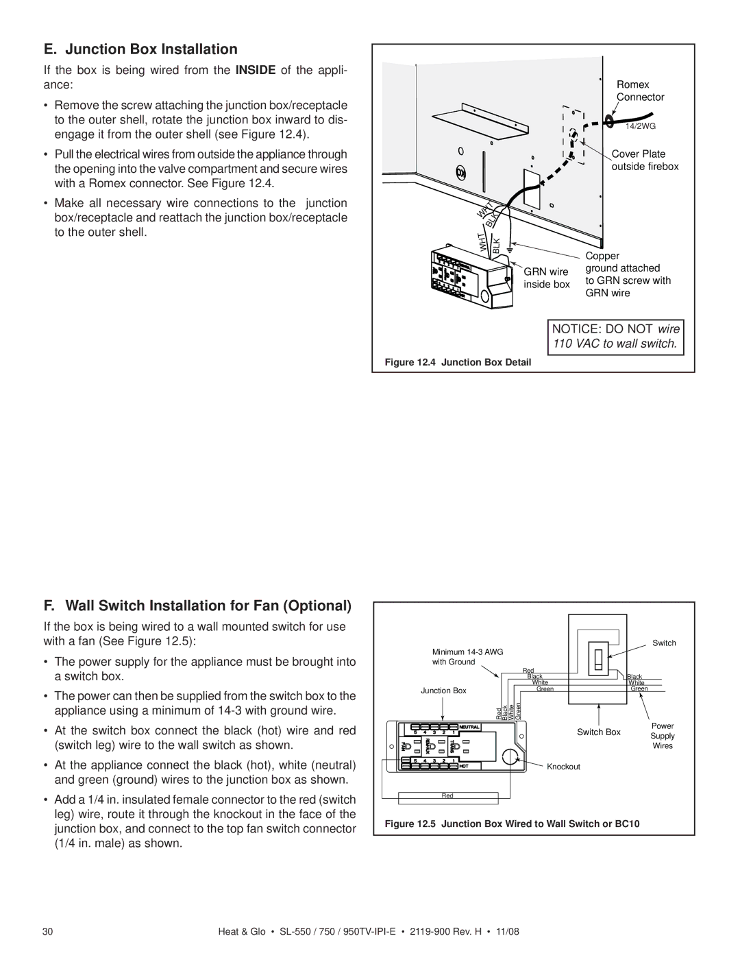 Hearth and Home Technologies SL-750TV-IPI-E Junction Box Installation, Wall Switch Installation for Fan Optional 