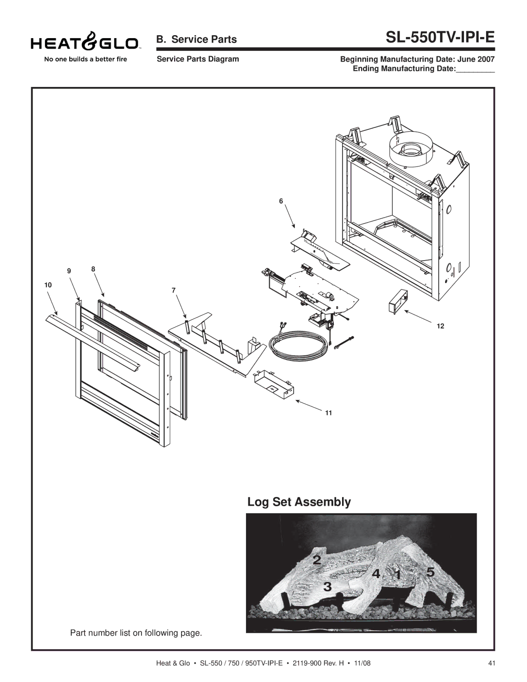 Hearth and Home Technologies SL-950TV-IPI-E, SL-750TV-IPI-E, SL-550TV-IPI-E owner manual Log Set Assembly, Service Parts 