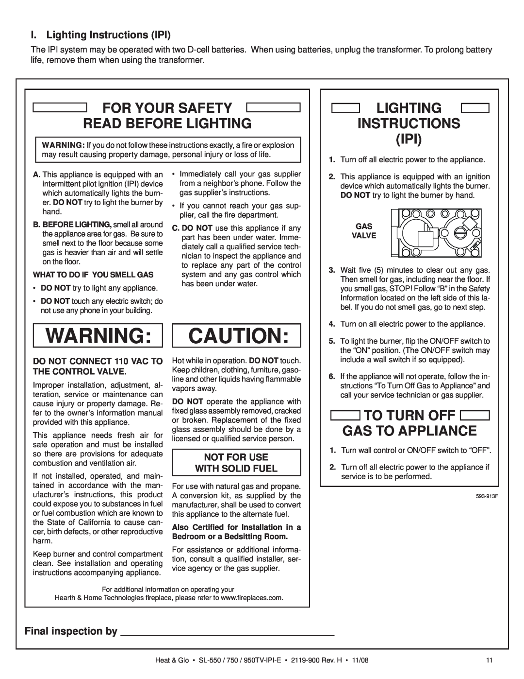 Hearth and Home Technologies SL-950TV-IPI-E I. Lighting Instructions IPI, Final inspection by, Warning Caution, Gas Valve 