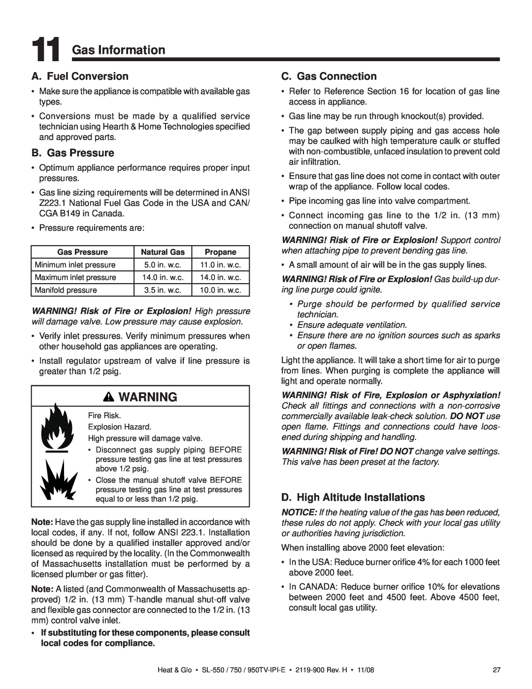 Hearth and Home Technologies SL-750TV-IPI-E Gas Information, A. Fuel Conversion, B. Gas Pressure, C. Gas Connection 