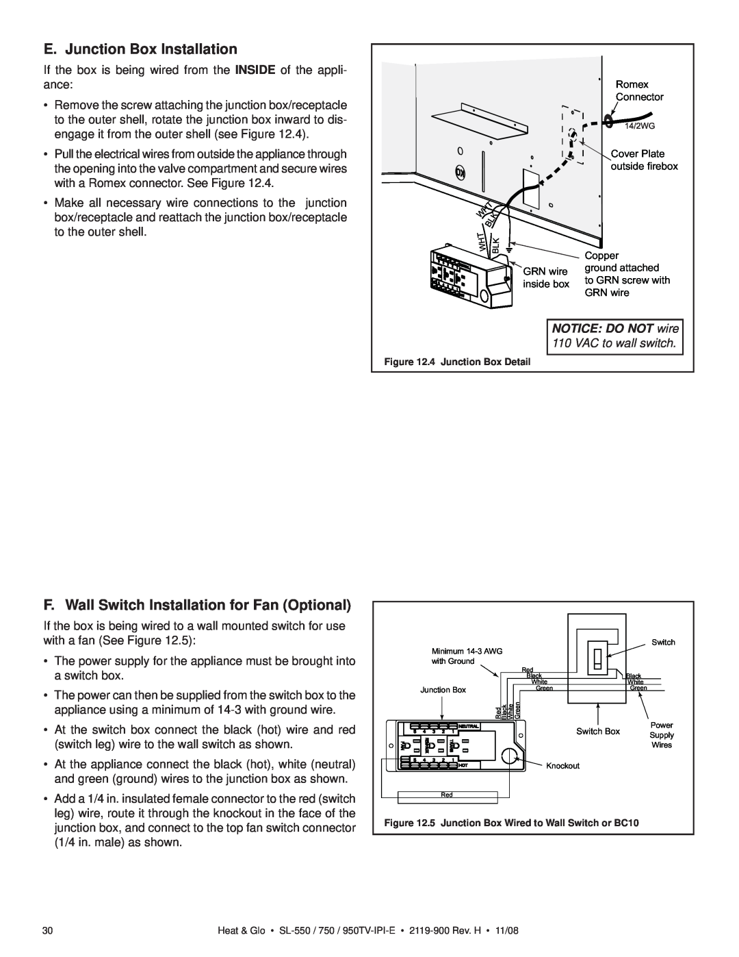 Hearth and Home Technologies SL-750TV-IPI-E E. Junction Box Installation, F. Wall Switch Installation for Fan Optional 