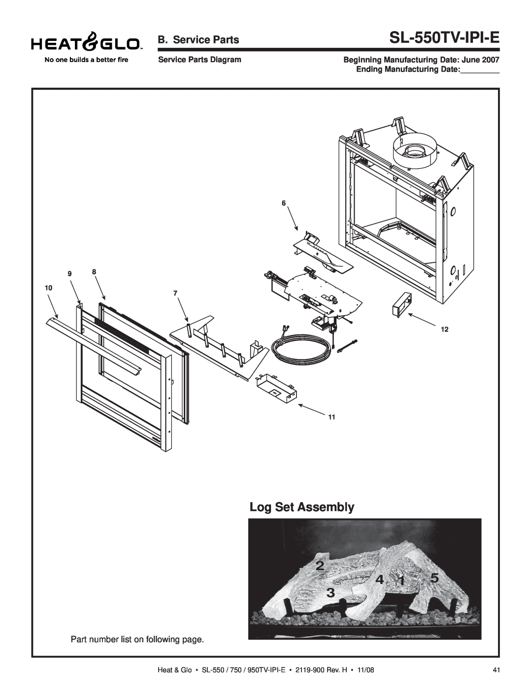 Hearth and Home Technologies SL-950TV-IPI-E SL-550TV-IPI-E, Log Set Assembly, B. Service Parts, Service Parts Diagram 