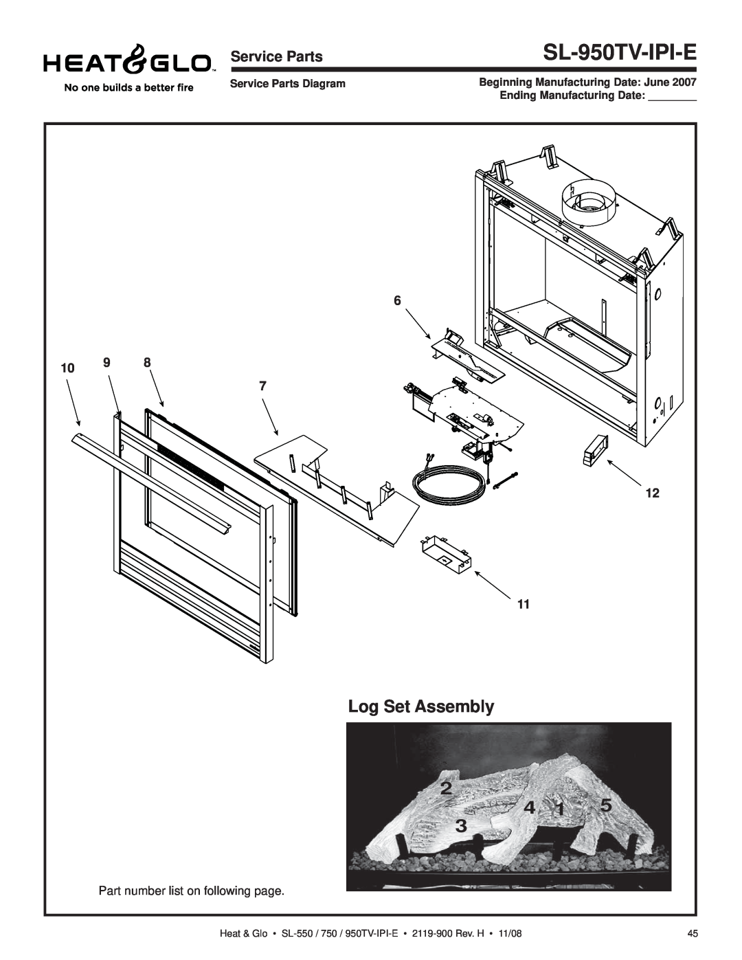 Hearth and Home Technologies SL-750TV-IPI-E owner manual SL-950TV-IPI-E, Log Set Assembly, 10 9, Service Parts Diagram 