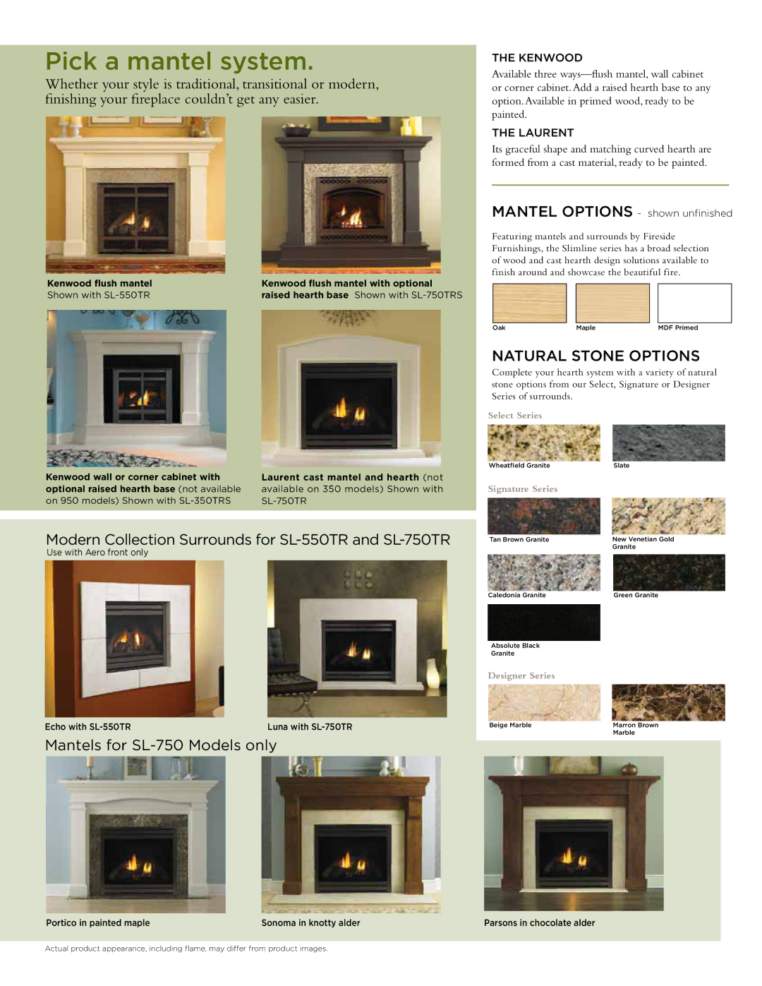 Hearth and Home Technologies SL-550, SL-950, SL-350, SL-750 manual Pick a mantel system, Natural Stone Options 