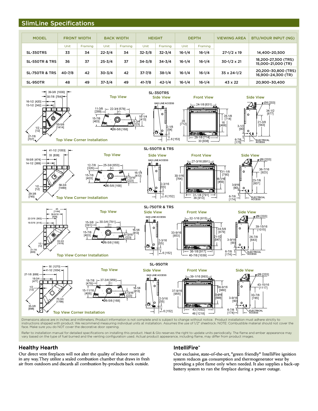 Hearth and Home Technologies SL-750, SL-950, SL-550, SL-350 manual SlimLine Specifications, Healthy Hearth, IntelliFire 