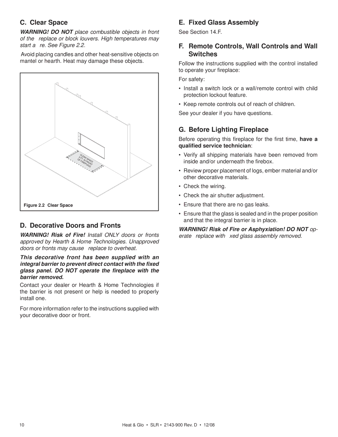 Hearth and Home Technologies SLR (Cosmo) owner manual Clear Space, Decorative Doors and Fronts, Fixed Glass Assembly 