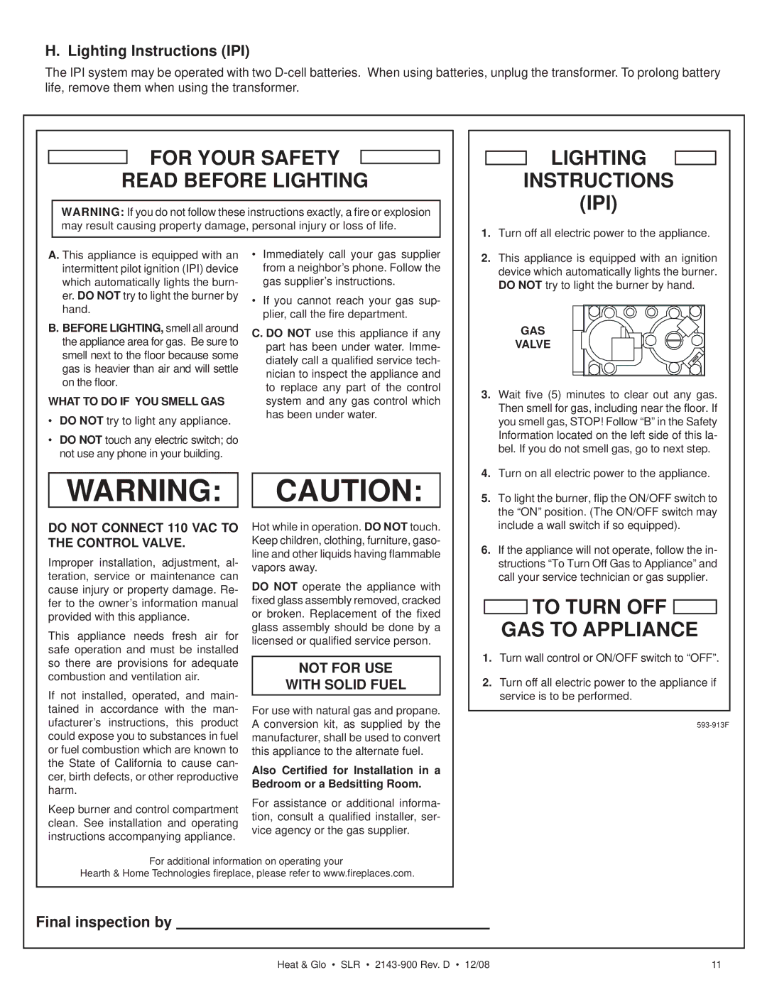 Hearth and Home Technologies SLR (Cosmo) owner manual Lighting Instructions IPI, Final inspection by 