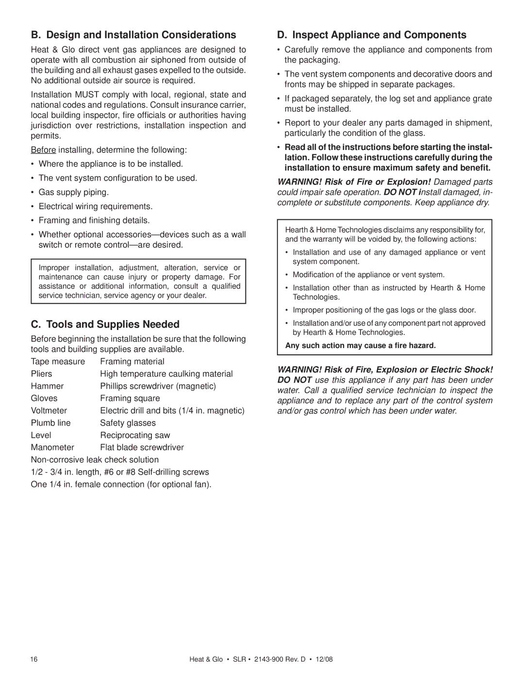 Hearth and Home Technologies SLR (Cosmo) owner manual Design and Installation Considerations, Tools and Supplies Needed 