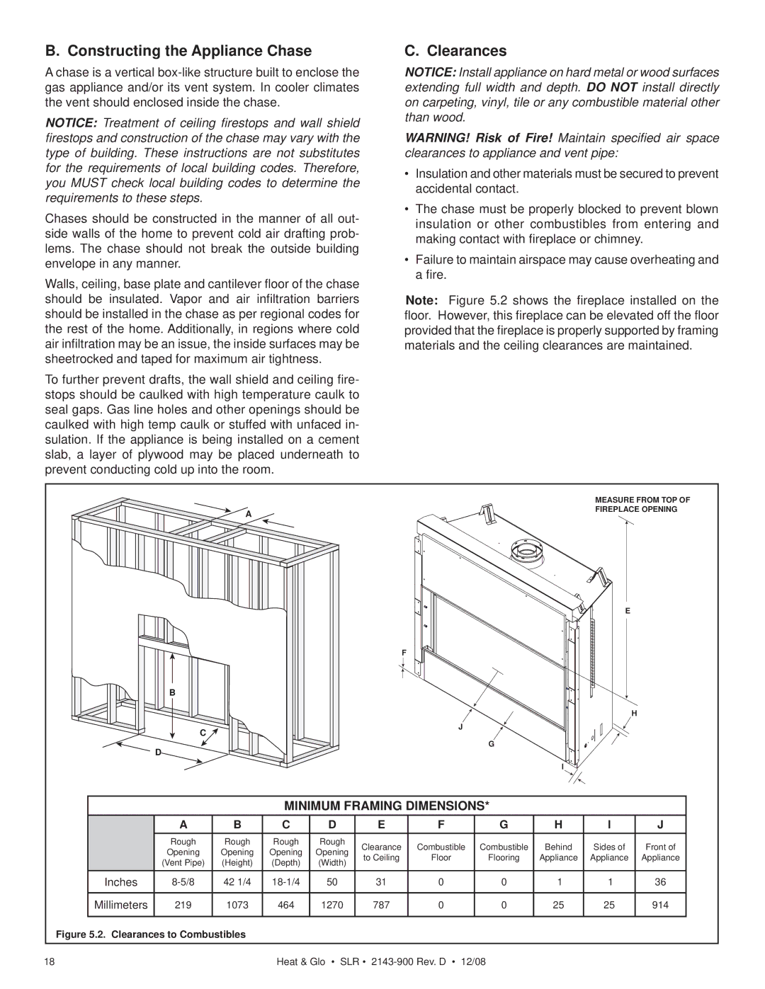 Hearth and Home Technologies SLR (Cosmo) owner manual Constructing the Appliance Chase, Clearances 