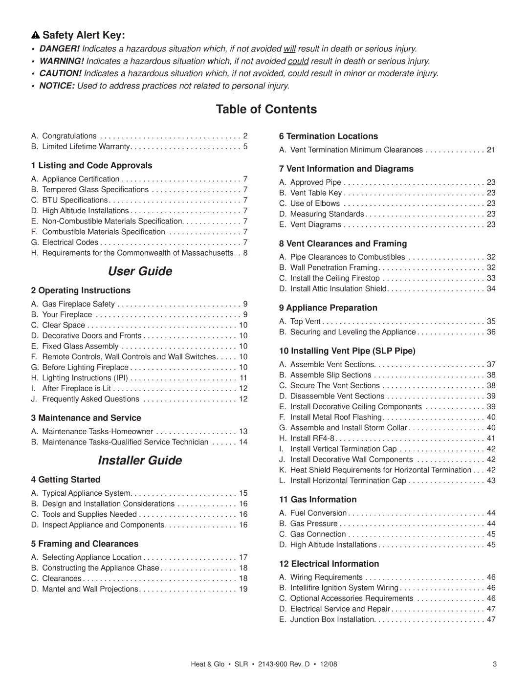 Hearth and Home Technologies SLR (Cosmo) owner manual Table of Contents, User Guide 