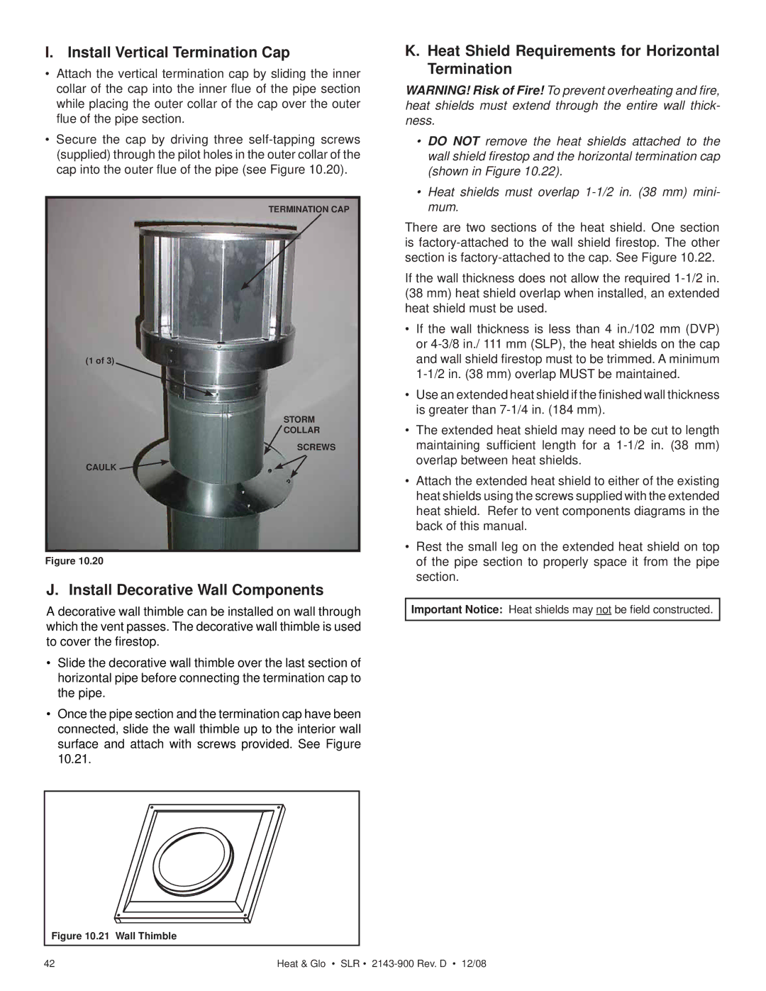 Hearth and Home Technologies SLR (Cosmo) owner manual Install Vertical Termination Cap, Install Decorative Wall Components 