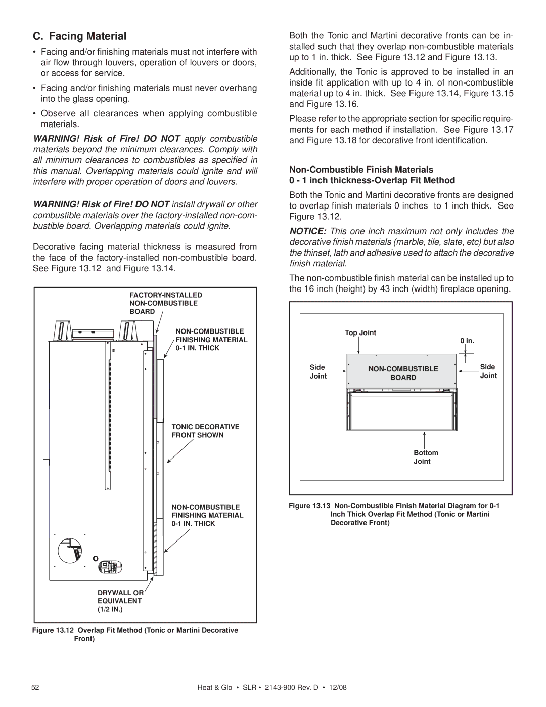 Hearth and Home Technologies SLR (Cosmo) owner manual Facing Material, Overlap Fit Method Tonic or Martini Decorative Front 