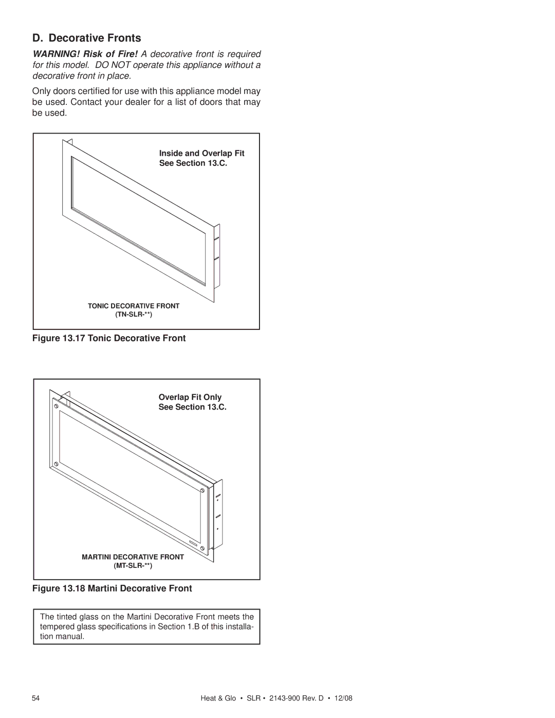 Hearth and Home Technologies SLR (Cosmo) owner manual Decorative Fronts, Tonic Decorative Front 