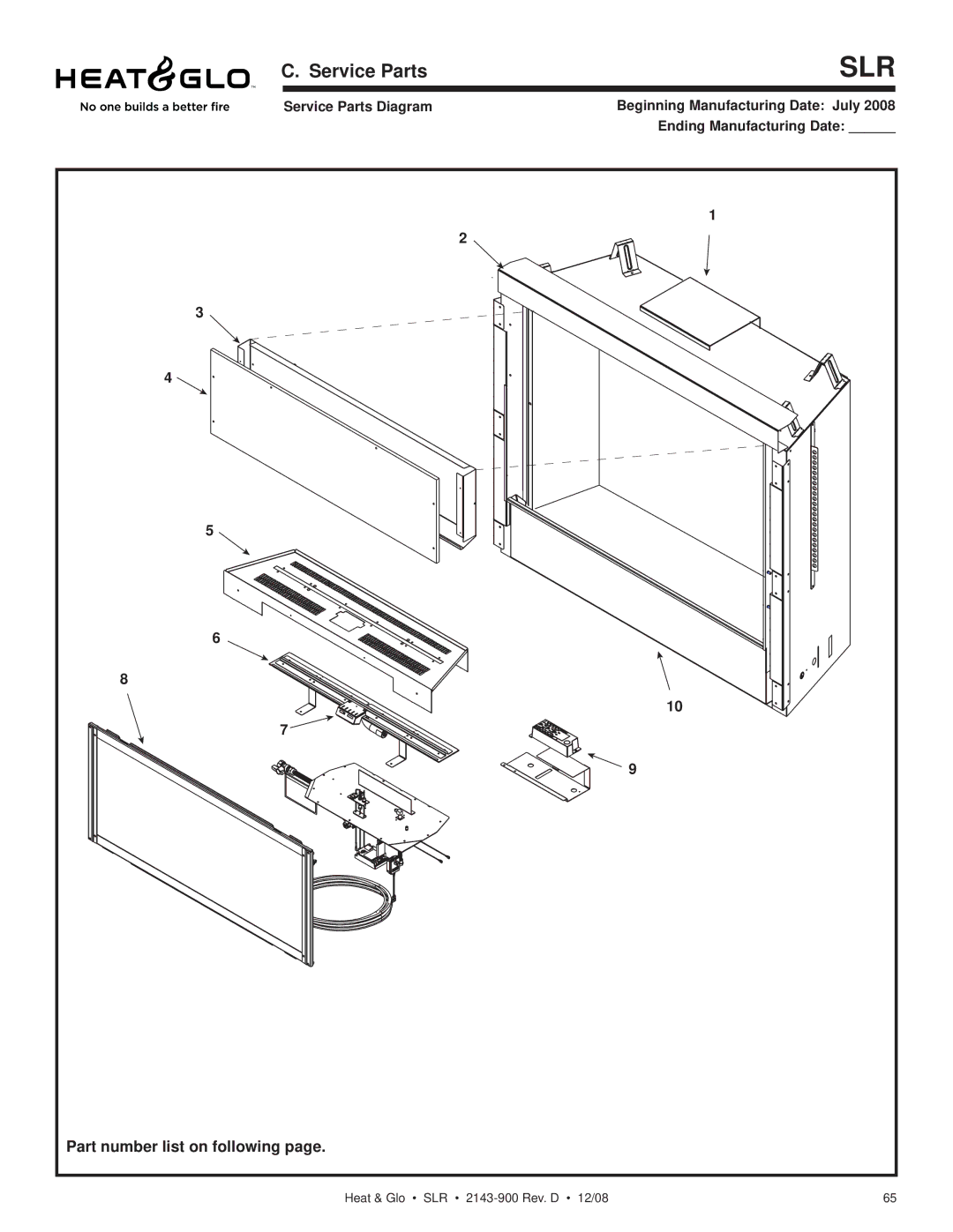 Hearth and Home Technologies SLR (Cosmo) owner manual Service Parts, Part number list on following 