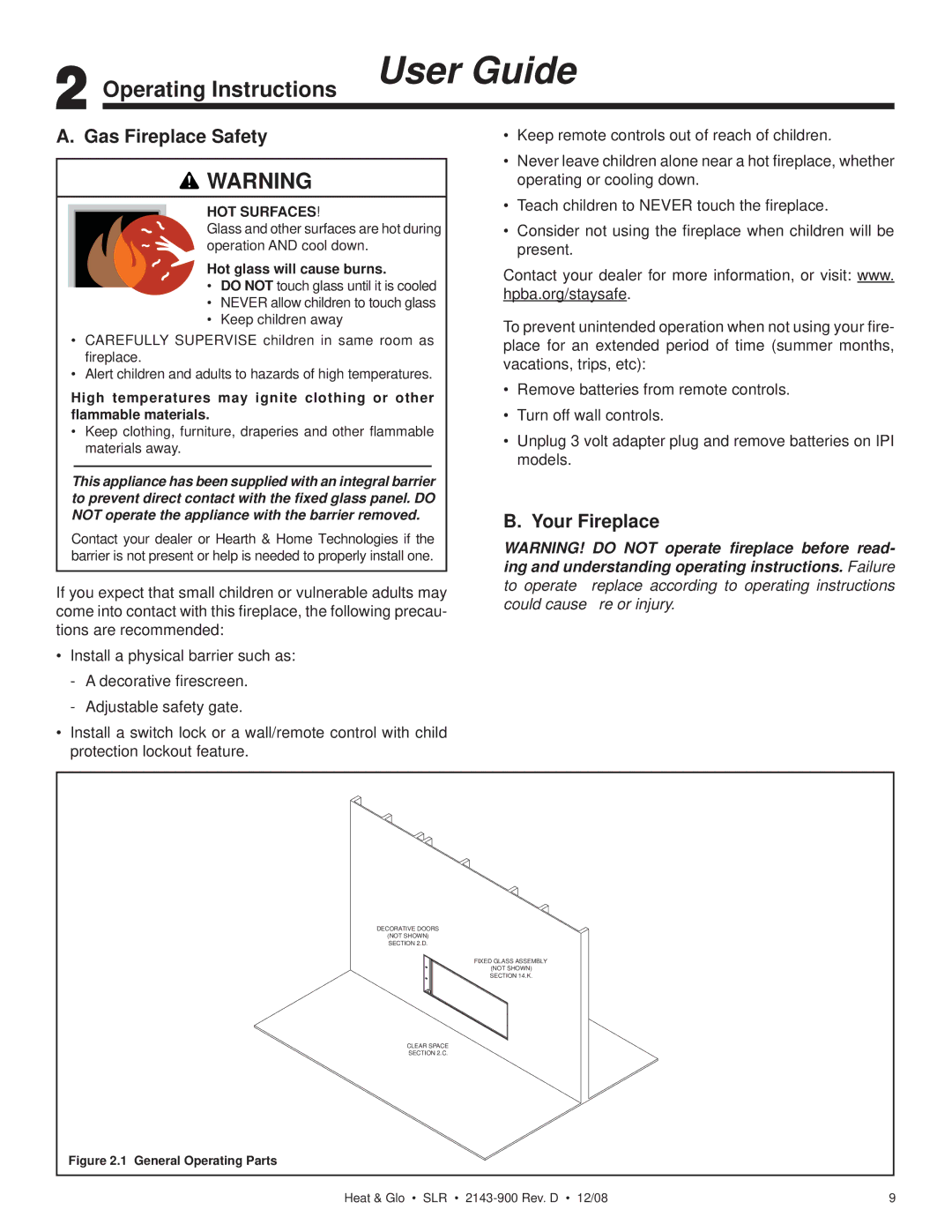 Hearth and Home Technologies SLR (Cosmo) Operating Instructions User Guide, Gas Fireplace Safety, Your Fireplace 