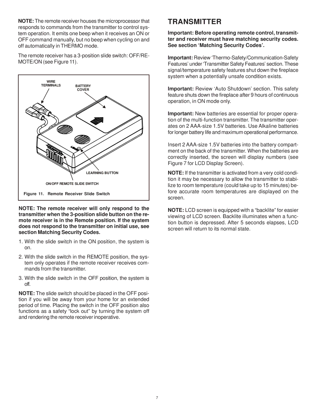 Hearth and Home Technologies SMART-BATT-II operating instructions Transmitter, Remote Receiver Slide Switch 