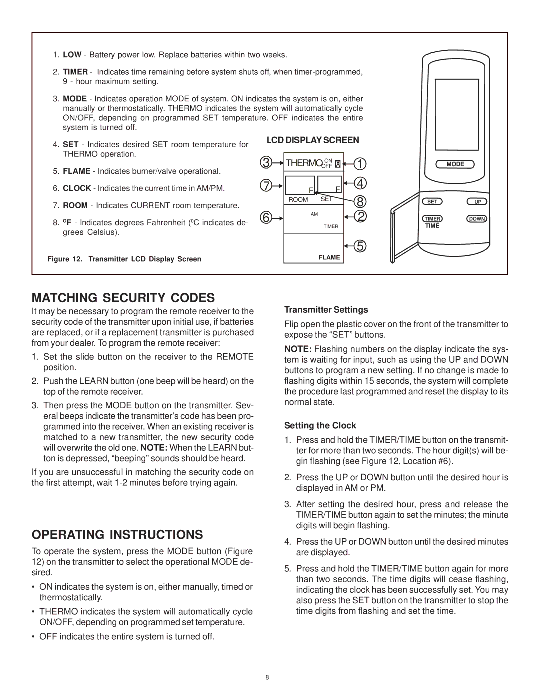 Hearth and Home Technologies SMART-BATT-II Matching Security Codes, Operating Instructions, Transmitter Settings 