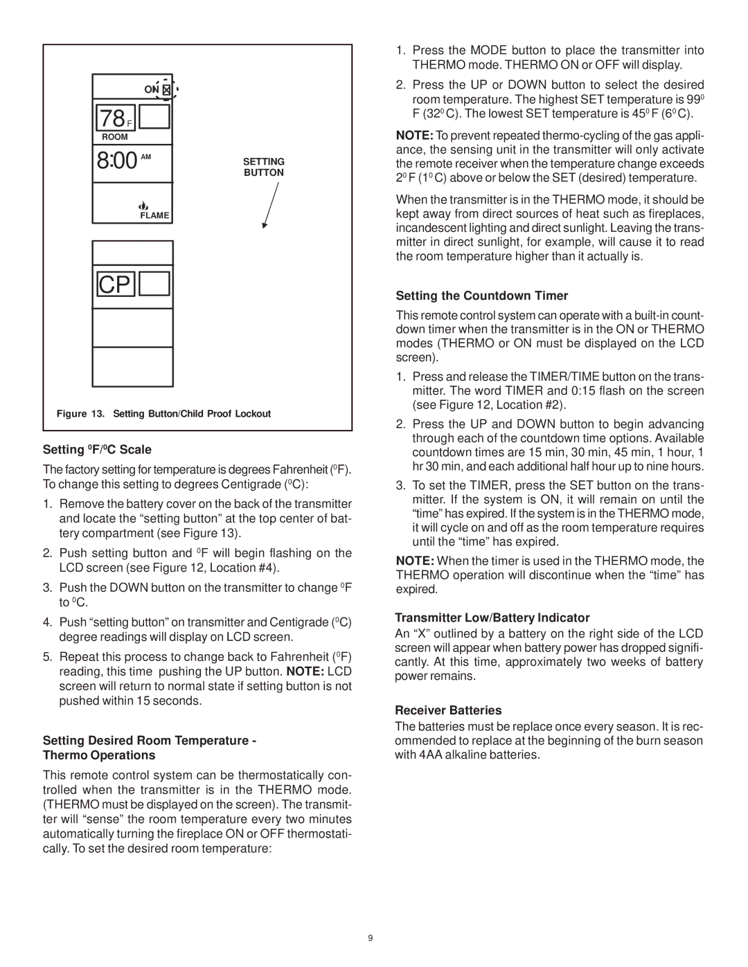 Hearth and Home Technologies SMART-BATT-II Setting 0F/0C Scale, Setting Desired Room Temperature Thermo Operations 