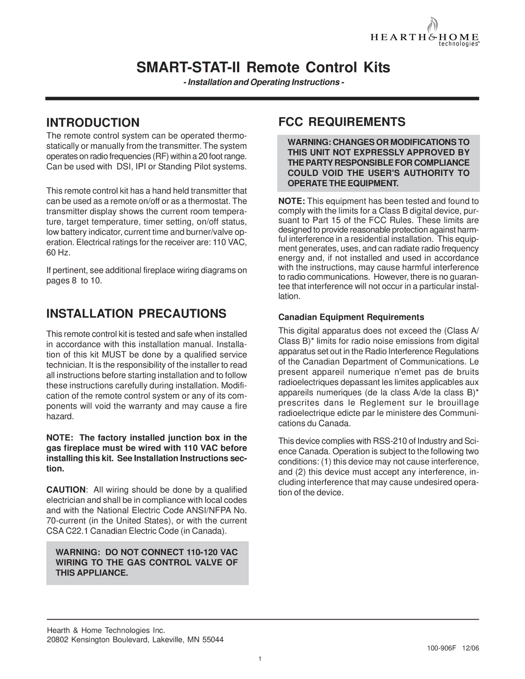 Hearth and Home Technologies SMART-STAT-II operating instructions Introduction FCC Requirements, Installation Precautions 